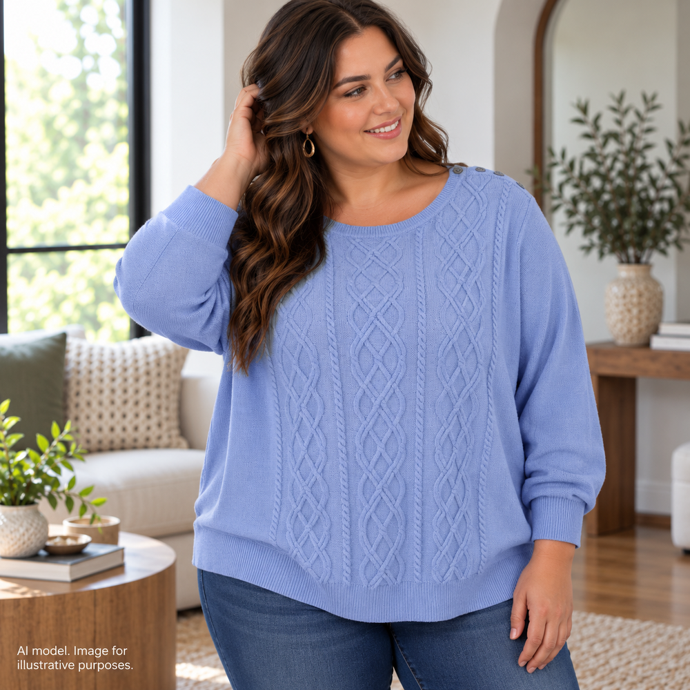 Talbots Sweater 2X Blue Cable Knit Fisherman Button Shoulder Lambswool Stretch